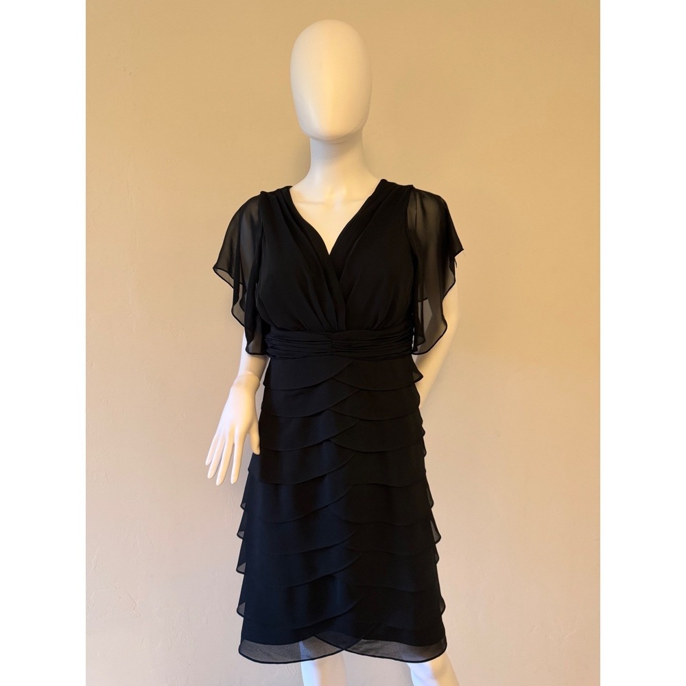 Scarlett Nite Womens Black Tiered Ruffle Cocktail Dress Sheer Flutter Sleeve 12‎